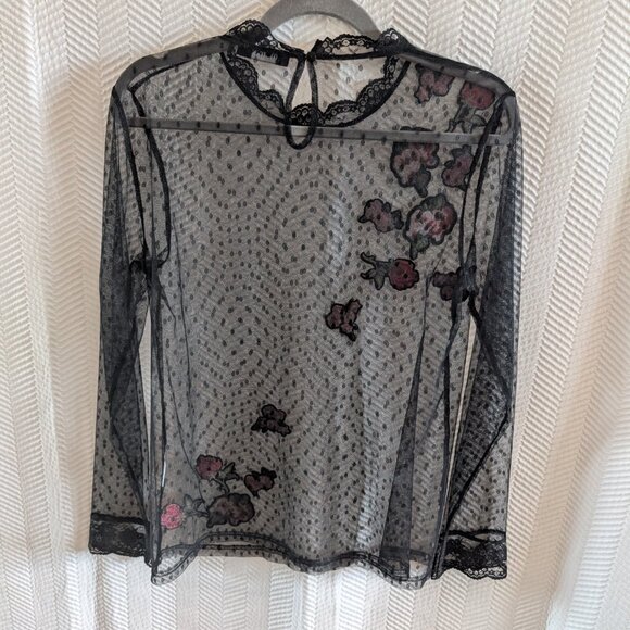 Black Sheer Embroidered Floral Mesh Top Long Sleeves Size Medium Whimsigoth - Picture 3 of 7